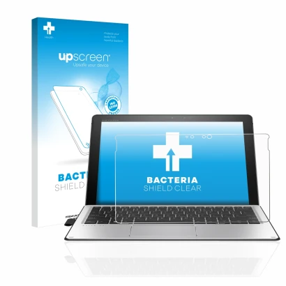 Vorderseite einer Produktverpackung mit dem Markenlogo upscreen. Daneben ist das Gerät HP Elite x2 1012 G2 mit dem zugehörigen