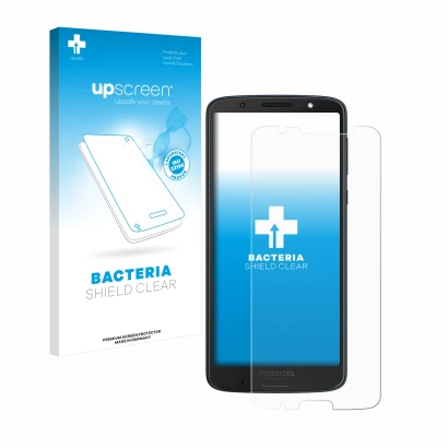 Vorderseite einer Produktverpackung mit dem Markenlogo upscreen. Daneben ist das Gerät Motorola Moto G6 Plus mit dem zugehörig