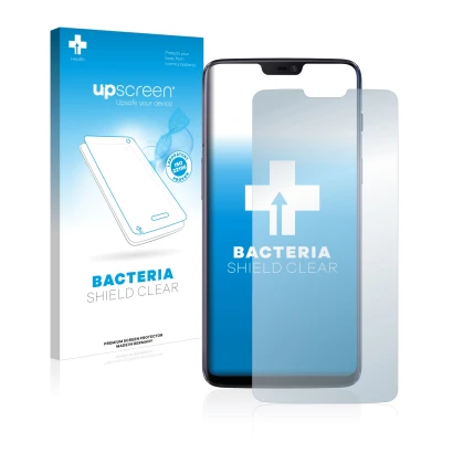 Vorderseite einer Produktverpackung mit dem Markenlogo upscreen. Daneben ist das Gerät OnePlus 6 mit dem zugehörigen Displaysc