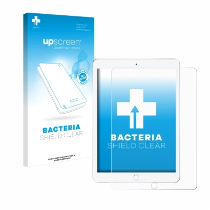 Vorderseite einer Produktverpackung mit dem Markenlogo upscreen. Daneben ist das Gerät Apple iPad 9.7" 2018 (6. Gen.) mit dem 