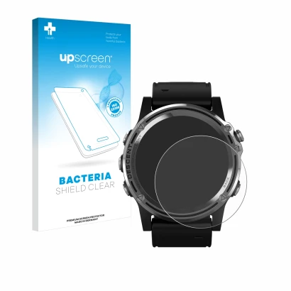 Vorderseite einer Produktverpackung mit dem Markenlogo upscreen. Daneben ist das Gerät Garmin Descent Mk1 mit dem zugehörigen 