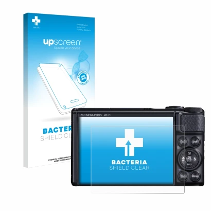 Vorderseite einer Produktverpackung mit dem Markenlogo upscreen. Daneben ist das Gerät Canon PowerShot SX740 HS mit dem zugehö