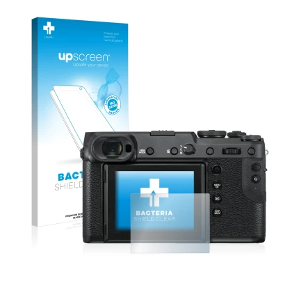 Vorderseite einer Produktverpackung mit dem Markenlogo upscreen. Daneben ist das Gerät Fujifilm GFX 50R mit dem zugehörigen Di