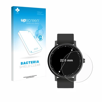 Vorderseite einer Produktverpackung mit dem Markenlogo upscreen. Daneben ist das Gerät Kreisrunde Displays (ø: 22 mm) mit dem 