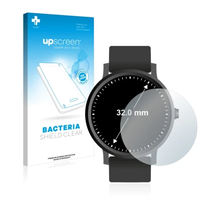 Vorderseite einer Produktverpackung mit dem Markenlogo upscreen. Daneben ist das Gerät Kreisrunde Displays (ø: 32 mm) mit dem 