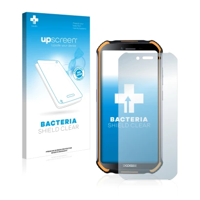 Vorderseite einer Produktverpackung mit dem Markenlogo upscreen. Daneben ist das Gerät Doogee S40 mit dem zugehörigen Displays