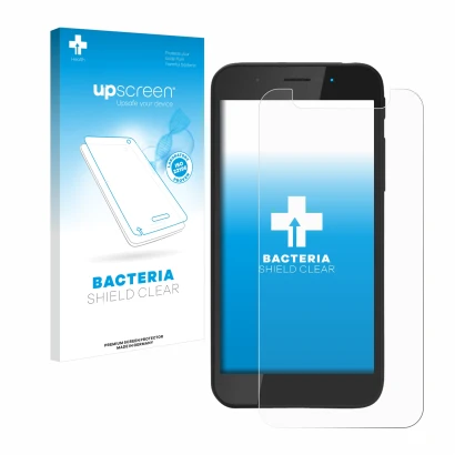 Vorderseite einer Produktverpackung mit dem Markenlogo upscreen. Daneben ist das Gerät Shiftphones Shift5me mit dem zugehörige