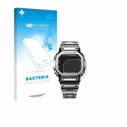 Vorderseite einer Produktverpackung mit dem Markenlogo upscreen. Daneben ist das Gerät Casio G-Shock GMW-B5000D-1ER mit dem zu