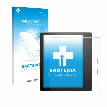 Vorderseite einer Produktverpackung mit dem Markenlogo upscreen. Daneben ist das Gerät Amazon Kindle Oasis 2019 (10. Gen.) mit