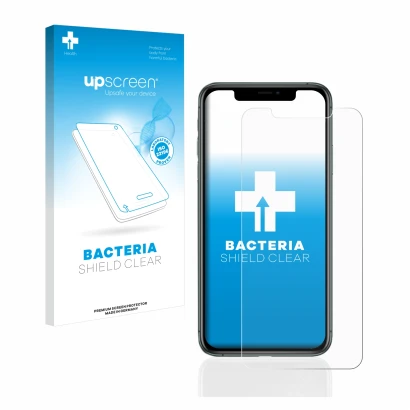 Vorderseite einer Produktverpackung mit dem Markenlogo upscreen. Daneben ist das Gerät Apple iPhone 11 Pro Max mit dem zugehör