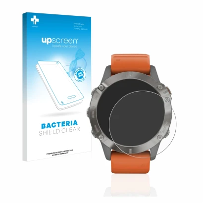 Vorderseite einer Produktverpackung mit dem Markenlogo upscreen. Daneben ist das Gerät Garmin Fenix 6 Pro mit dem zugehörigen 