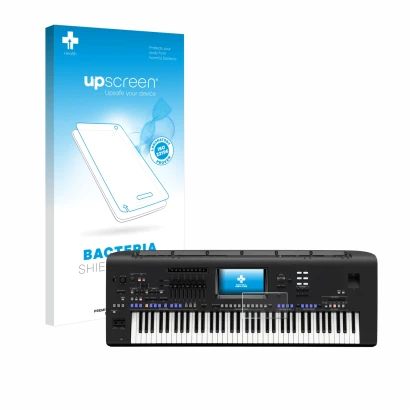 Vorderseite einer Produktverpackung mit dem Markenlogo upscreen. Daneben ist das Gerät Yamaha Genos mit dem zugehörigen Displa