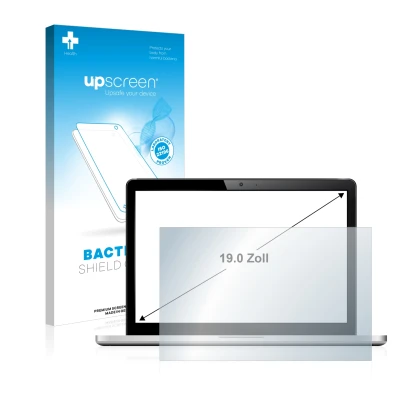 Vorderseite einer Produktverpackung mit dem Markenlogo upscreen. Daneben ist das Gerät mit dem zugehörigen Displayschutz abgeb