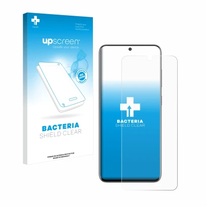 Vorderseite einer Produktverpackung mit dem Markenlogo upscreen. Daneben ist das Gerät Samsung Galaxy S20 mit dem zugehörigen 