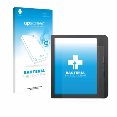 Vorderseite einer Produktverpackung mit dem Markenlogo upscreen. Daneben ist das Gerät Tolino Vision 5 mit dem zugehörigen Dis