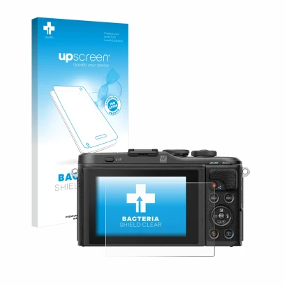 Vorderseite einer Produktverpackung mit dem Markenlogo upscreen. Daneben ist das Gerät Olympus PEN E-PL10 mit dem zugehörigen 