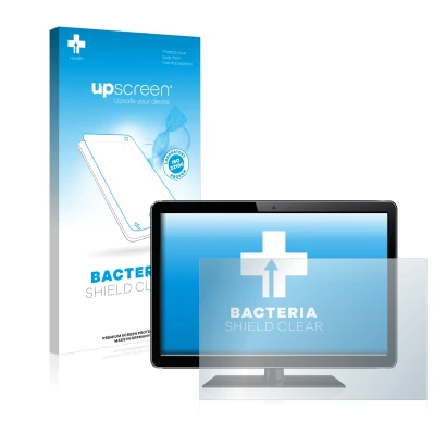 Vorderseite einer Produktverpackung mit dem Markenlogo upscreen. Daneben ist das Gerät mit dem zugehörigen Displayschutz abgeb