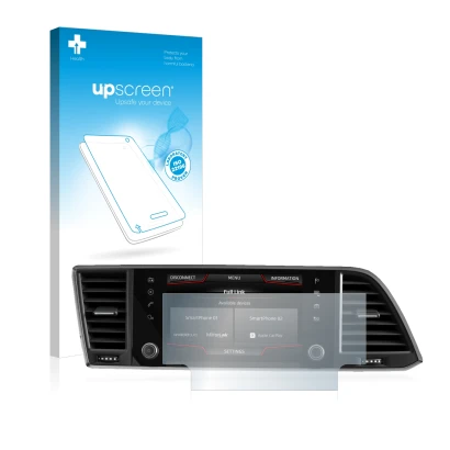 Vorderseite einer Produktverpackung mit dem Markenlogo upscreen. Daneben ist das Gerät Seat Ateca 2020 Media System 6.5" mit d