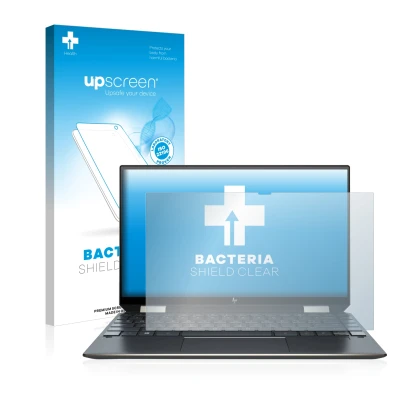 Vorderseite einer Produktverpackung mit dem Markenlogo upscreen. Daneben ist das Gerät HP Spectre x360 13-aw0000ns mit dem zug