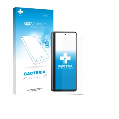 Vorderseite einer Produktverpackung mit dem Markenlogo upscreen. Daneben ist das Gerät Samsung Galaxy Z Fold 2 5G mit dem zuge