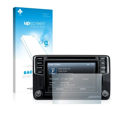 Vorderseite einer Produktverpackung mit dem Markenlogo upscreen. Daneben ist das Gerät Volkswagen Amarok Discover Media 6.5" 2