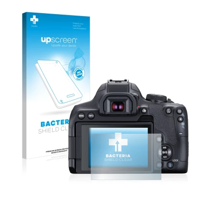 Vorderseite einer Produktverpackung mit dem Markenlogo upscreen. Daneben ist das Gerät Canon EOS 850D mit dem zugehörigen Disp