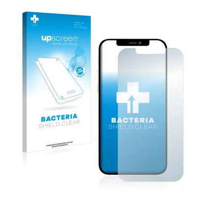 Vorderseite einer Produktverpackung mit dem Markenlogo upscreen. Daneben ist das Gerät Apple iPhone 12 Pro Max mit dem zugehör