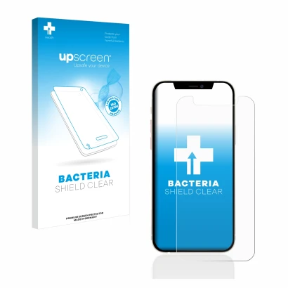 Vorderseite einer Produktverpackung mit dem Markenlogo upscreen. Daneben ist das Gerät Apple iPhone 12 mini mit dem zugehörige