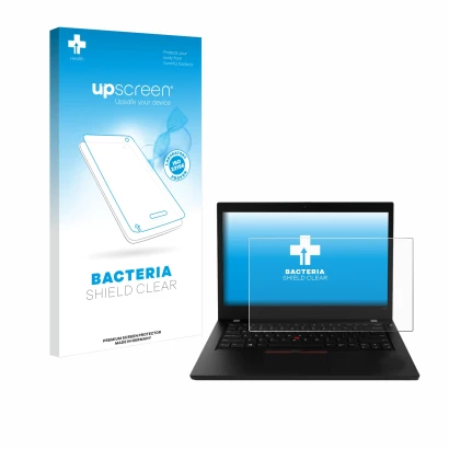 Vorderseite einer Produktverpackung mit dem Markenlogo upscreen. Daneben ist das Gerät Lenovo ThinkPad L490 mit dem zugehörige