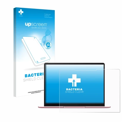 Vorderseite einer Produktverpackung mit dem Markenlogo upscreen. Daneben ist das Gerät Huawei MateBook 13 2020 mit dem zugehör