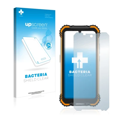 Vorderseite einer Produktverpackung mit dem Markenlogo upscreen. Daneben ist das Gerät Doogee S58 Pro mit dem zugehörigen Disp