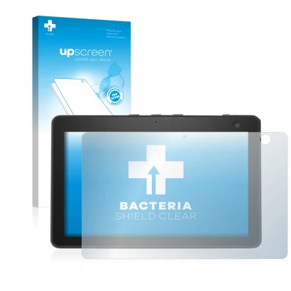 Vorderseite einer Produktverpackung mit dem Markenlogo upscreen. Daneben ist das Gerät Amazon Echo Show 10 (3. Gen.) mit dem z