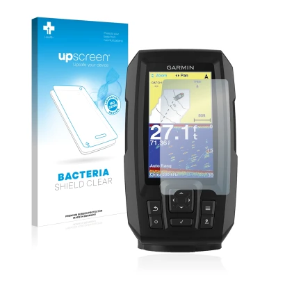 Vorderseite einer Produktverpackung mit dem Markenlogo upscreen. Daneben ist das Gerät Garmin Striker Vivid 4cv mit dem zugehö