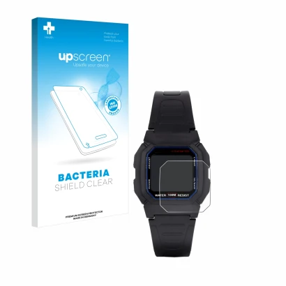 Vorderseite einer Produktverpackung mit dem Markenlogo upscreen. Daneben ist das Gerät Casio W-800H-1AVES mit dem zugehörigen 