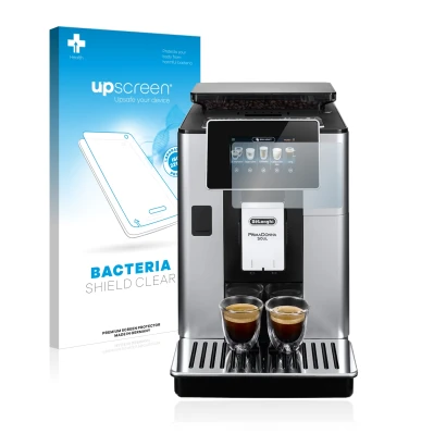 Vorderseite einer Produktverpackung mit dem Markenlogo upscreen. Daneben ist das Gerät DeLonghi PrimaDonna Soul ECAM610.55.SB 