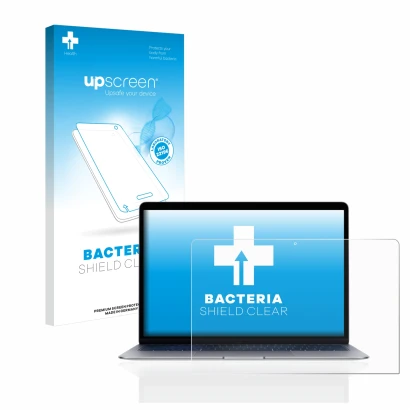 Vorderseite einer Produktverpackung mit dem Markenlogo upscreen. Daneben ist das Gerät Apple MacBook Air 13" 2020 mit dem zuge