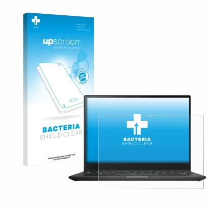 Vorderseite einer Produktverpackung mit dem Markenlogo upscreen. Daneben ist das Gerät ASUS Rog Flow X13 2022 mit dem zugehöri