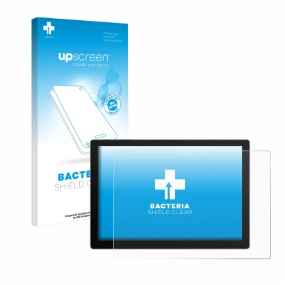 Vorderseite einer Produktverpackung mit dem Markenlogo upscreen. Daneben ist das Gerät Microsoft Surface Pro 7 Plus mit dem zu