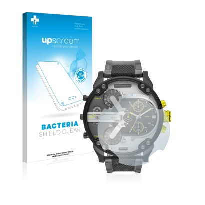 Vorderseite einer Produktverpackung mit dem Markenlogo upscreen. Daneben ist das Gerät Diesel DZ7422 Mr. Daddy 2.0 mit dem zug