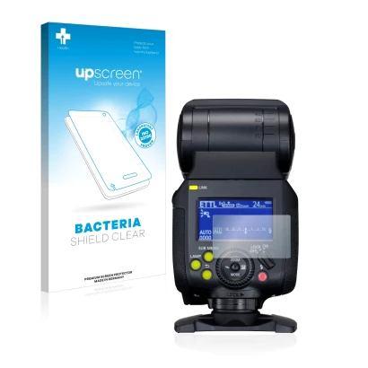 Vorderseite einer Produktverpackung mit dem Markenlogo upscreen. Daneben ist das Gerät Canon Speedlite EL-1 mit dem zugehörige