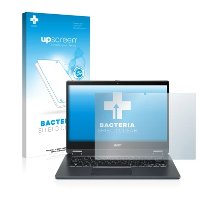 Vorderseite einer Produktverpackung mit dem Markenlogo upscreen. Daneben ist das Gerät Acer TravelMate Spin P4 14" 16:9 mit de