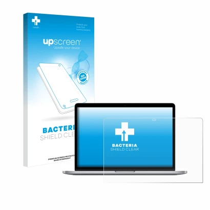 Vorderseite einer Produktverpackung mit dem Markenlogo upscreen. Daneben ist das Gerät Apple MacBook Pro 13" M1 2020 mit dem z