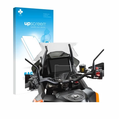 Vorderseite einer Produktverpackung mit dem Markenlogo upscreen. Daneben ist das Gerät KTM 1290 Super Adventure S 2021 TFT 7" 