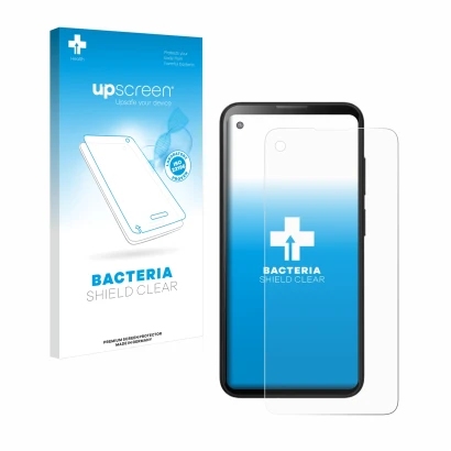 Vorderseite einer Produktverpackung mit dem Markenlogo upscreen. Daneben ist das Gerät Blackview BL5000 mit dem zugehörigen Di