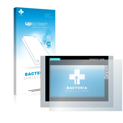 Vorderseite einer Produktverpackung mit dem Markenlogo upscreen. Daneben ist das Gerät Siemens Simatic HMI TP700 Comfort mit d