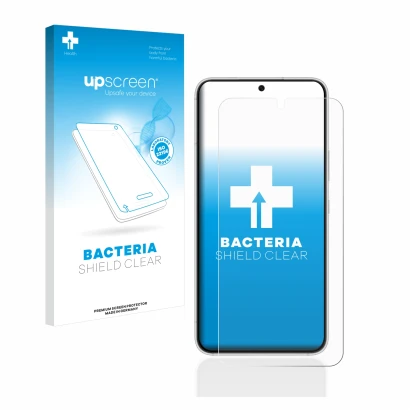 Vorderseite einer Produktverpackung mit dem Markenlogo upscreen. Daneben ist das Gerät Samsung Galaxy S22 5G mit dem zugehörig