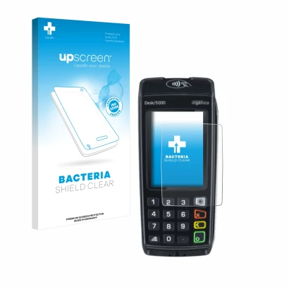 Vorderseite einer Produktverpackung mit dem Markenlogo upscreen. Daneben ist das Gerät ingenico Desk/5000 mit dem zugehörigen 