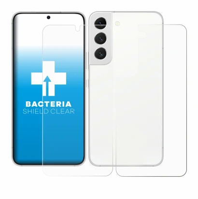 Abbildung des Geräts Samsung Galaxy S22 5G (Display+Rückseite) mit einer Vielzahl des Displayschutzes.