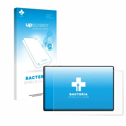 Vorderseite einer Produktverpackung mit dem Markenlogo upscreen. Daneben ist das Gerät Samsung Galaxy Tab S8 Ultra 5G mit dem 