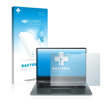 Vorderseite einer Produktverpackung mit dem Markenlogo upscreen. Daneben ist das Gerät Acer Chromebook Spin 514 mit dem zugehö